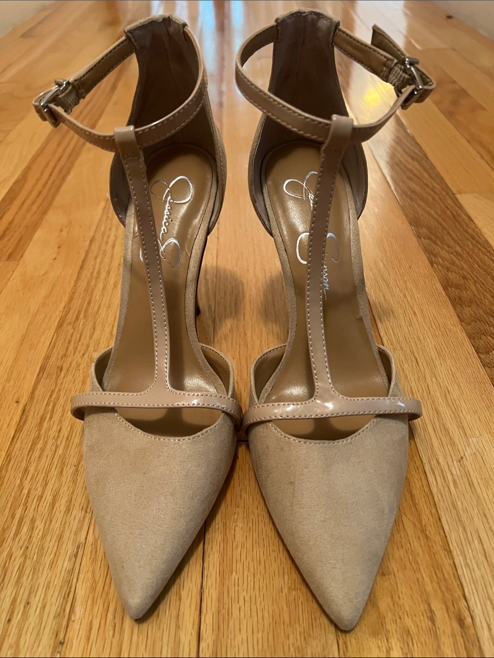 Jessica Simpson Beige T-Strap Pointed Toe Heels